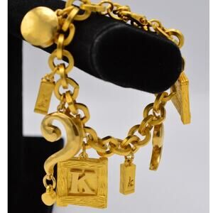 Karl Lagerfeld Vintage Charm Bracelet LOGO Brushed Gold Chain Heavy Chunky BinY
